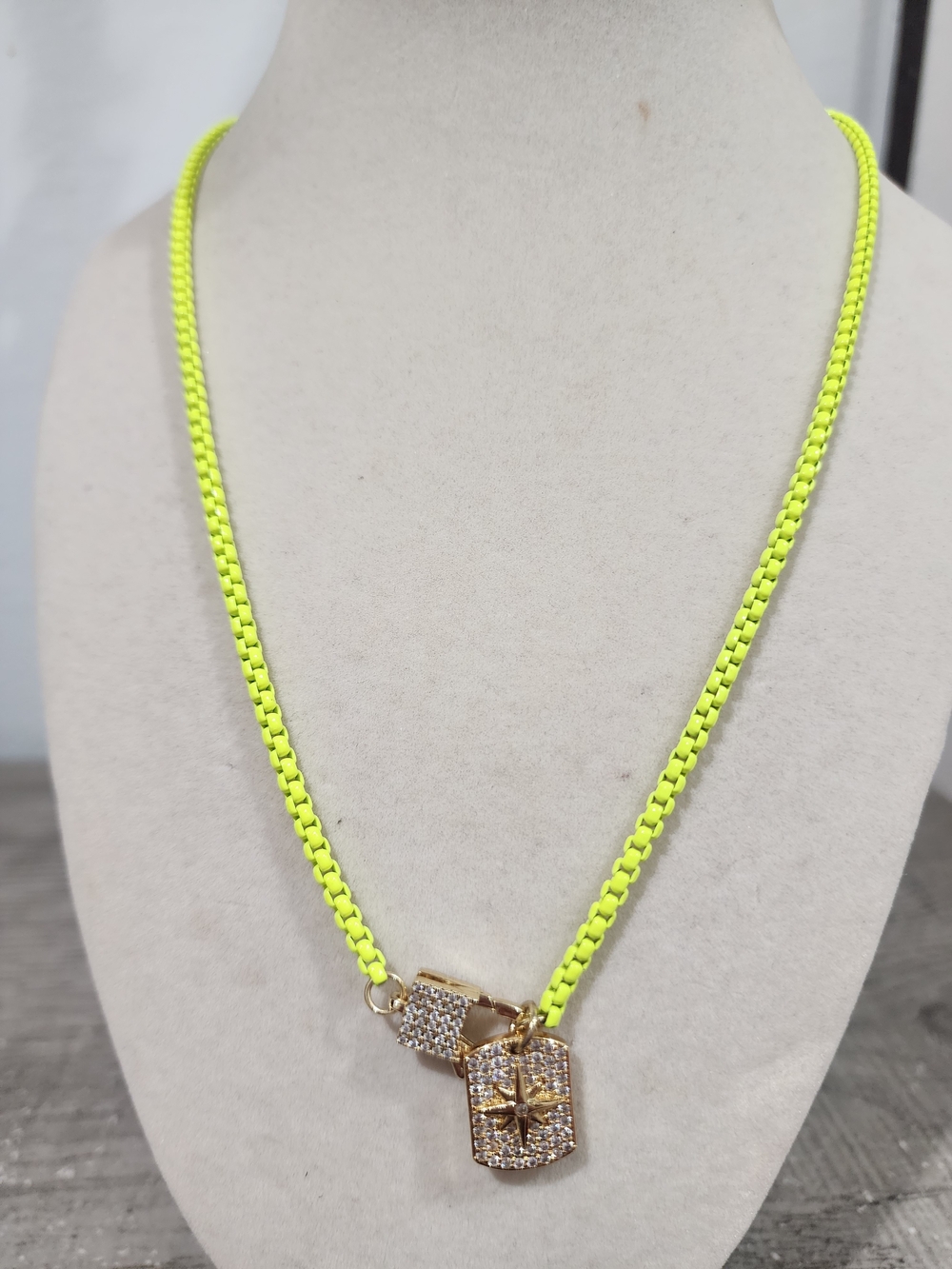 Gold Pendant Necklace with Neon Yellow Chain- Alexa Rae